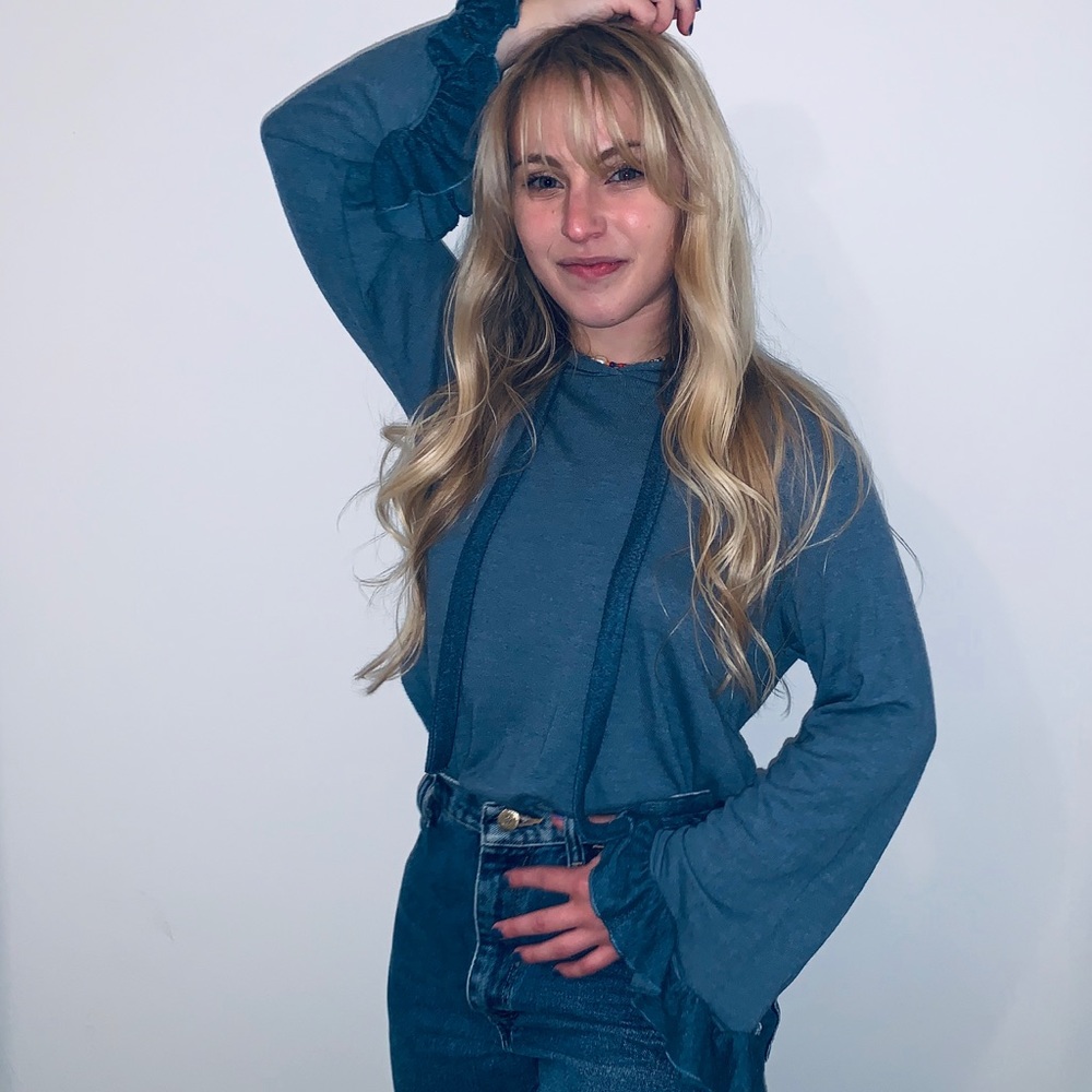 Ruffle Trim Wide Sleeve Hoodie Shirt